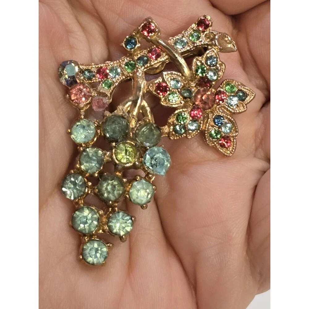 Vintage Fruit Salad Style Rhinestone Grape Floral Brooch Multicolor Pin #1398